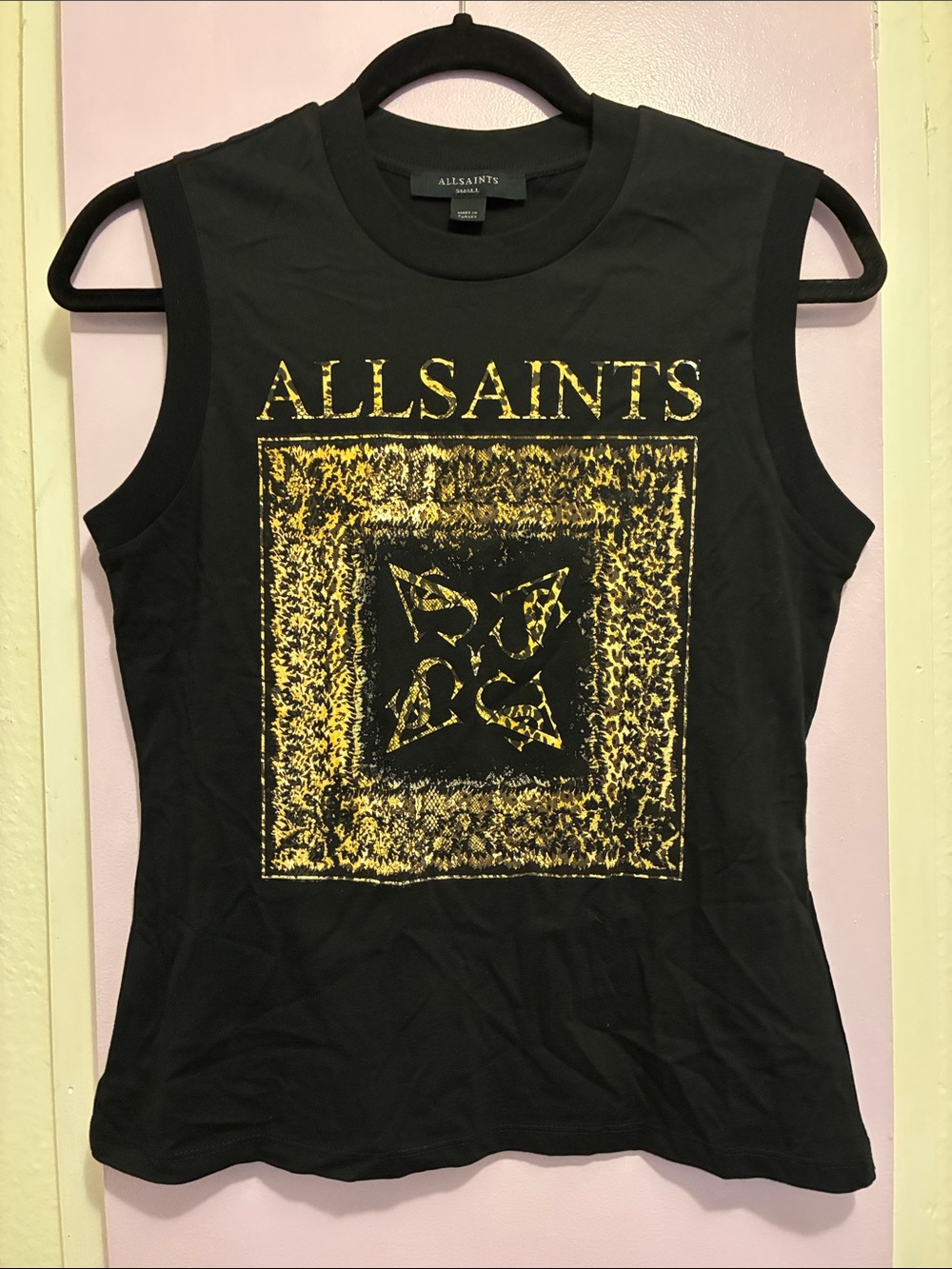 AllSaints Black Sleeveless Tank with Yellow-Gold Graphic